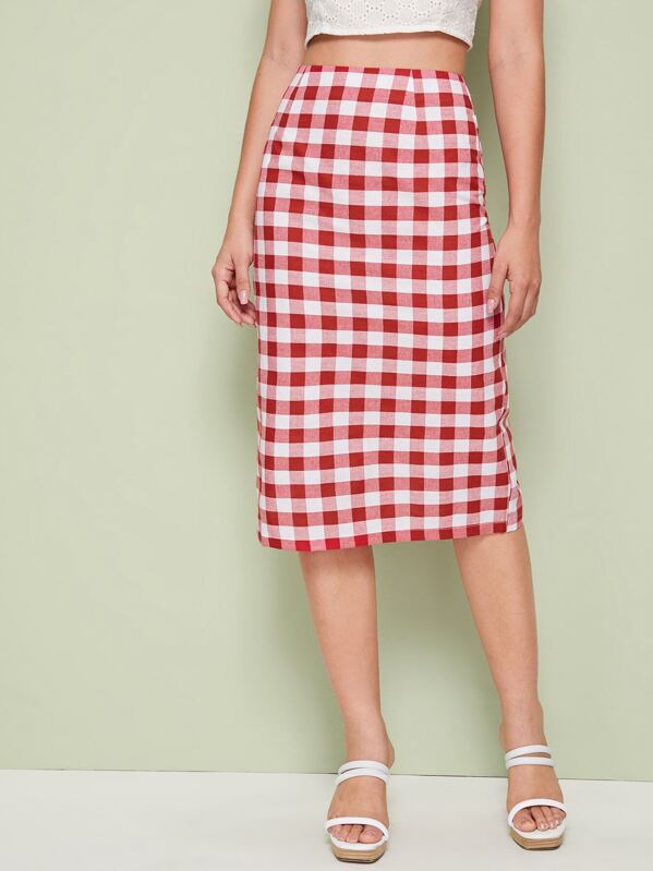 

Gingham Print Zip Back Skirt, Red, Debi Cruz