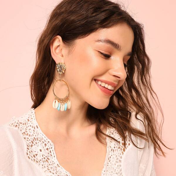 

Shell & Leaf Charm Hoop Drop Earrings 1pair, Multicolor