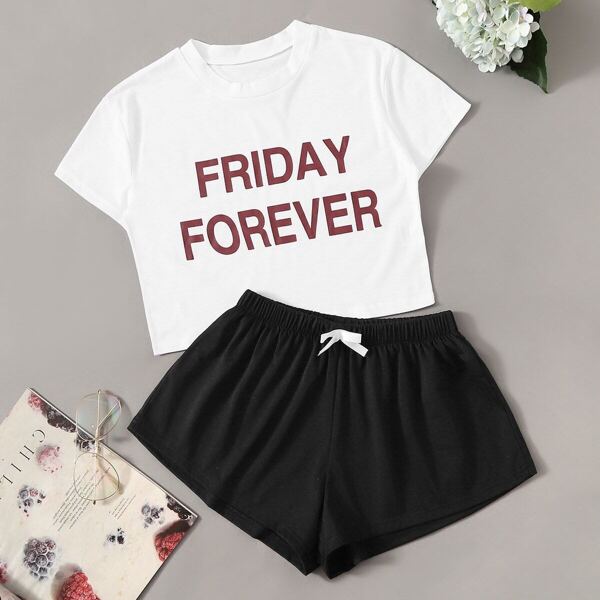 

Letter Print Knot Detail Pajama Set