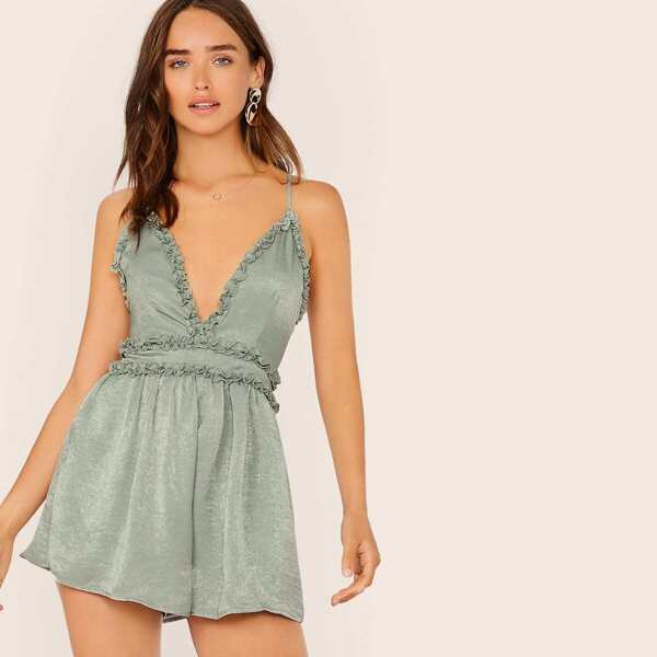 

Frill Trim Crisscross Back Slant Pocket Satin Romper