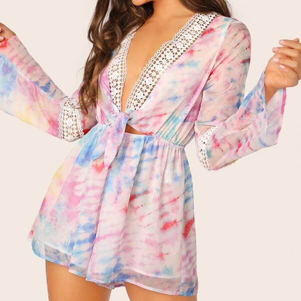 

Tie Dye Lace Trim Tie Front Plunge Neck Romper