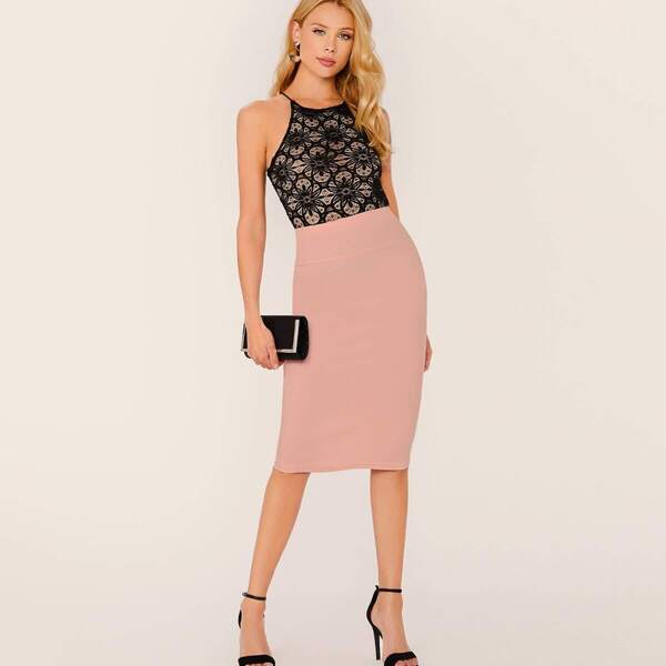 

Solid Wide Waistband Pencil Skirt
