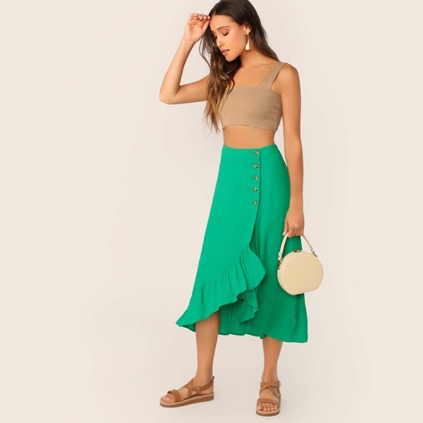 

Buttoned Front Ruffle Trim Asymmetrical Hem Skirt, Green bright