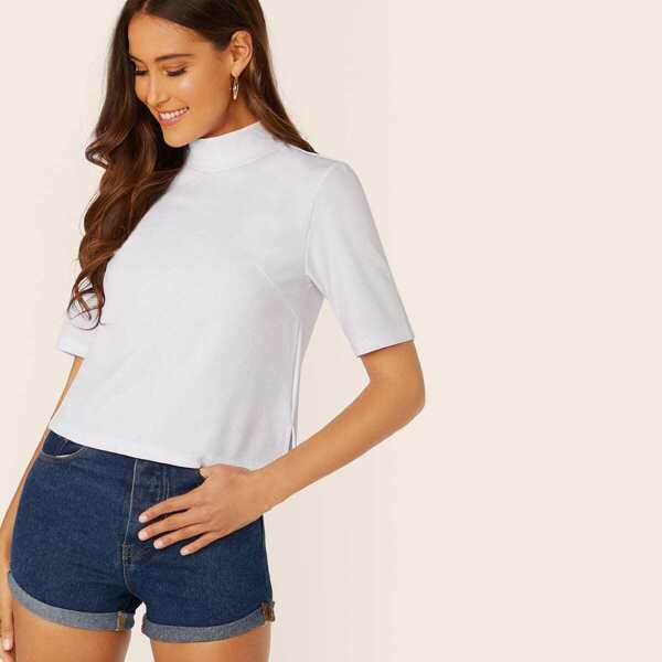 

High Neck Rib-knit Split Hem Top