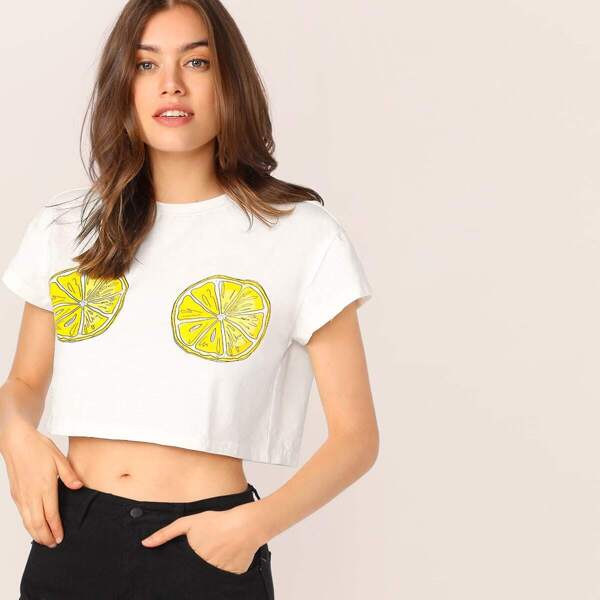 

Lemon Print Crop Boxy Tee, White