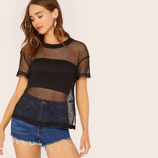 

Solid Sheer Fishnet Mesh Top Without Bandeau