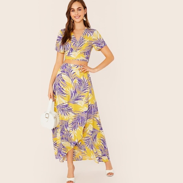 

Tropical Print Tie Back Crop Top & Wrap Skirt Set, Multicolor