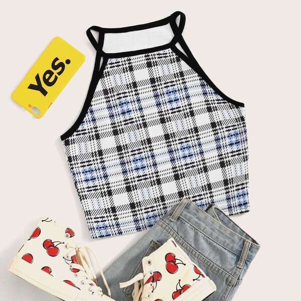 

Plaid Contrast Binding Crop Top