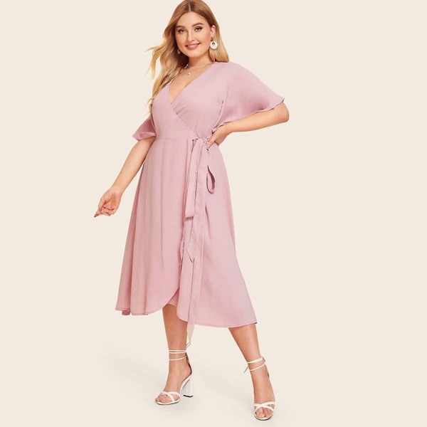 

Plus Asymmetrical Hem Wrap Knotted Dress