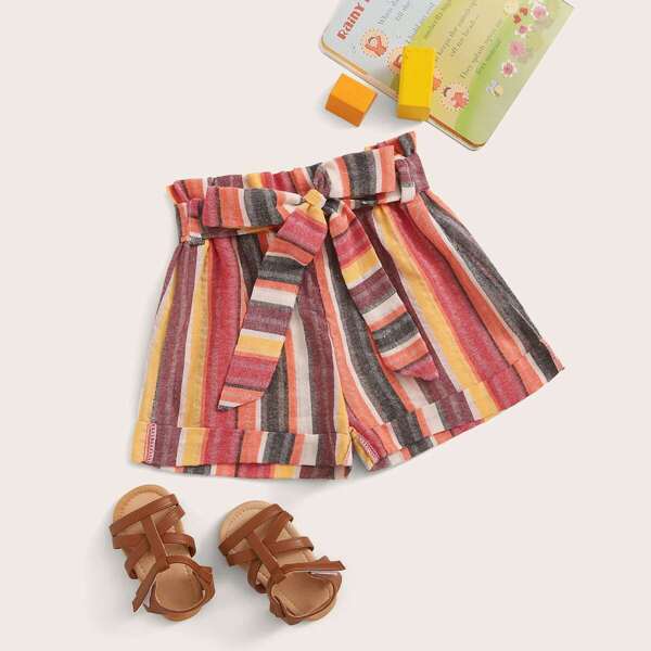 

Toddler Girls Vertical-striped Rolled Hem Paperbag Shorts