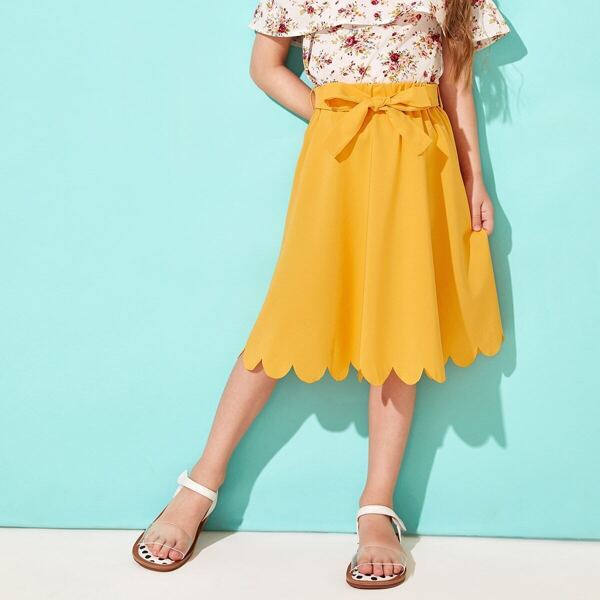 

Toddler Girls Solid Belted Scallop Midi Skirt
