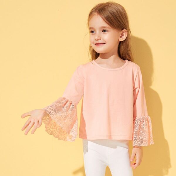 

Toddler Girls Contrast Lace Flounce Sleeve Solid Tee