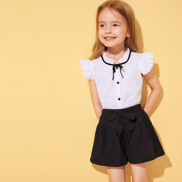 

Toddler Girls Ruffle Sleeve Knot Blouse With Tie Front Shorts