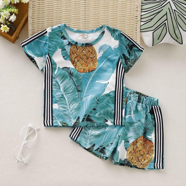 

Toddler Girls Tropical Print Side Stripe Tee With Shorts