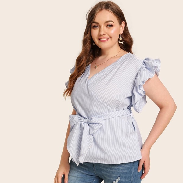 

Plus Striped Ruffle Sleeve Belted Surplice Blouse