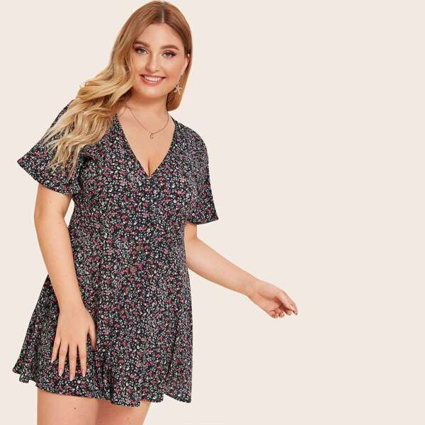

Plus Ditsy Floral Flounce Sleeve Button Front Dress