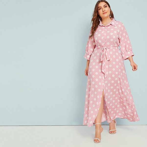 

Plus Polka Dot Button Through Belted Shirt Dress