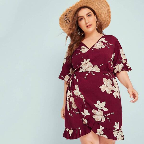 

Plus Large Floral Print Ruffle Hem Knot Wrap Dress