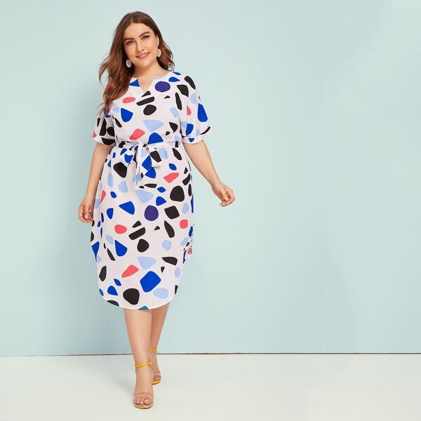 

Plus Confetti Print Belted Curved Hem Midi Dress, Multicolor