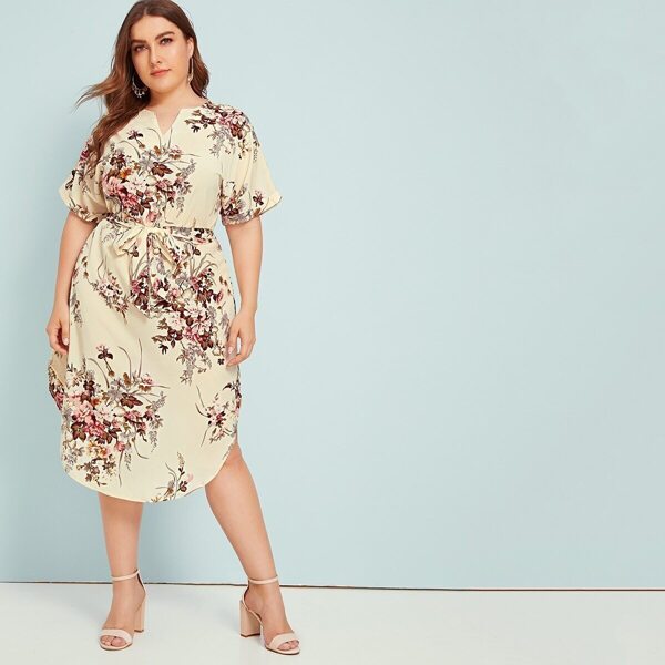 

Plus Floral Print Notched Belted Curved Hem Midi Dress, Multicolor