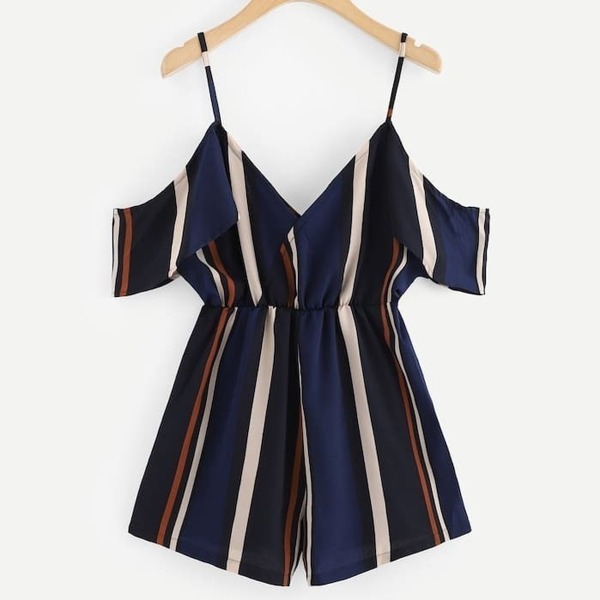 

Plus Vertical-striped Cold Shoulder Cami Romper, Multicolor