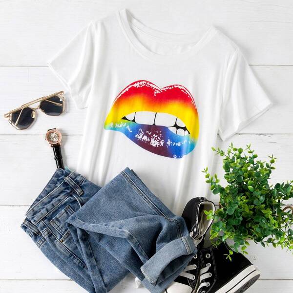 

Plus Colorful Lip Print Short Sleeve Tee, White