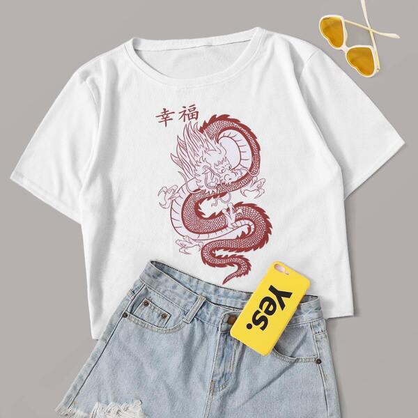 

Plus Dragon Print Short Sleeve Crop Tee, White