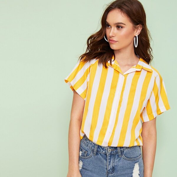 

Striped Print Button Front Blouse