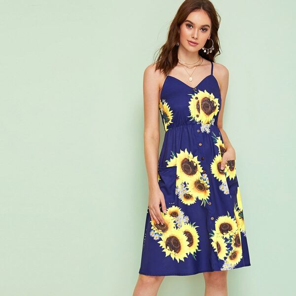 

Sunflower Print Shirred Back Cami Dress