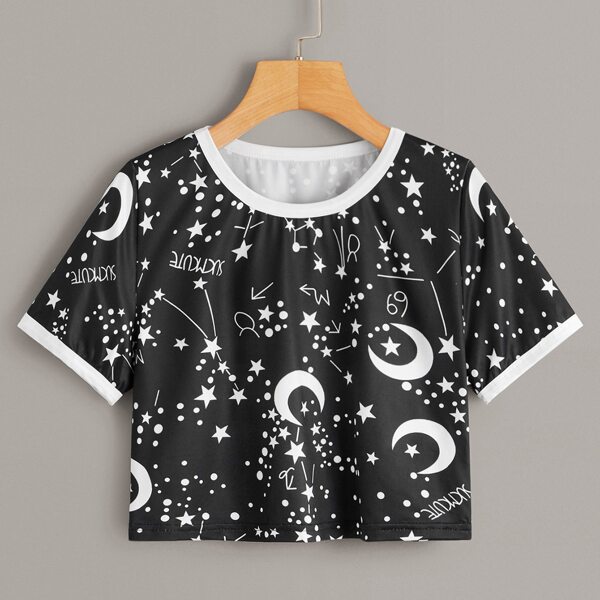 

Star And Moon Print Contrast Binding Tee