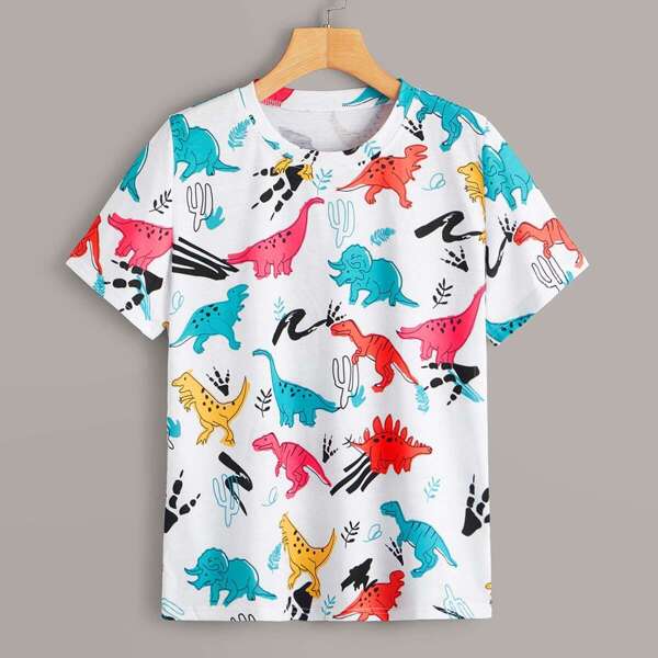 

Dinosauria Print Round Neck Tee, Multicolor