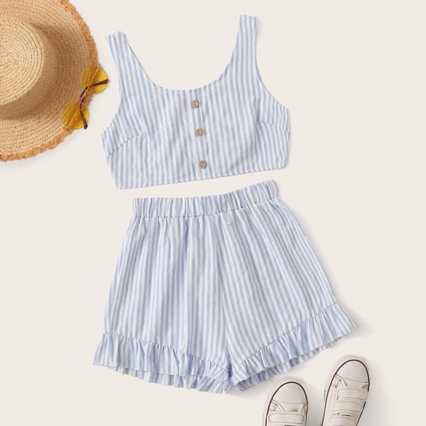 

Striped Print Button Front Top With Ruffle Hem Shorts