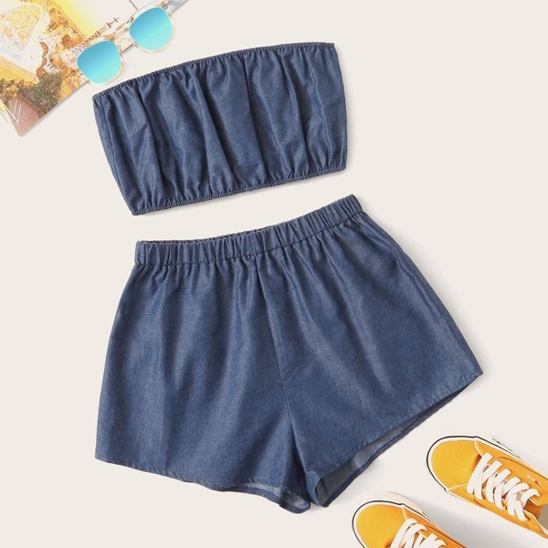 

Solid Denim Tube Top With Shorts