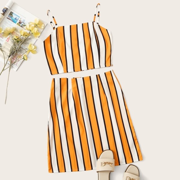 

Striped Print Cami Top With Skirt
