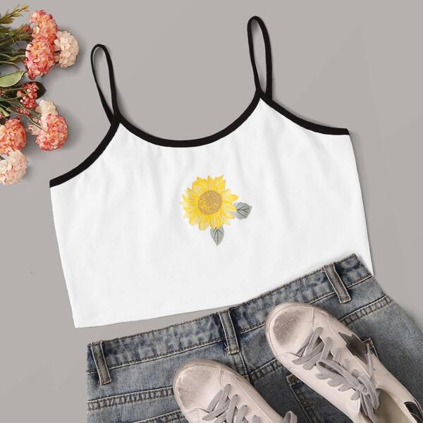 

Sunflower Print Contrast Binding Cami Top