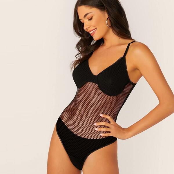 

Sheer Fishnet Slip Bodysuit With Lingerie