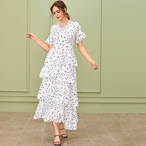 

Layered Ruffle Hem Drawstring Waist Dot Dress