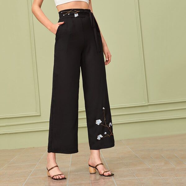 

Floral Embroidery Wide Leg Belted Pants, Black