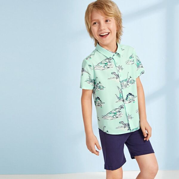 

Boys Dinosaurs Print Button Fly Curved Hem Shirt