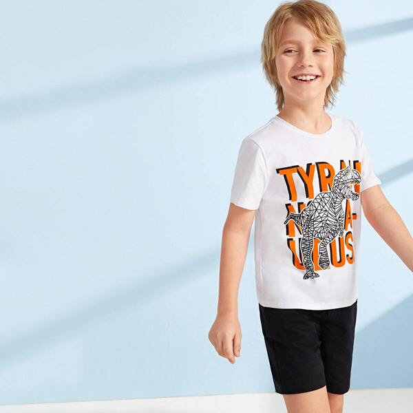 

Boys Mixed Print Top and Slant Pocket Shorts Set, Black and white