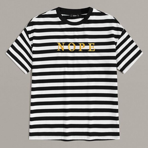 

Men Embroidered Letter Striped Top, Black and white