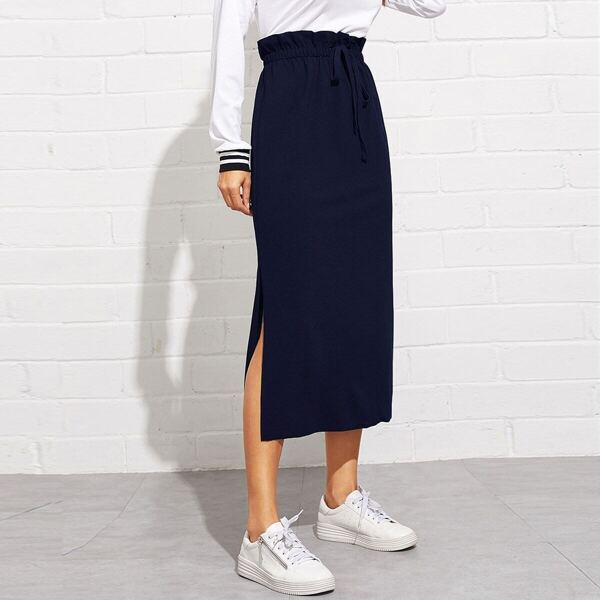 

Drawstring Paperbag Waist Side Slit Skirt, Navy