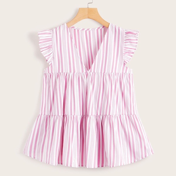 

Striped Ruffle Sleeve Peplum Blouse, Pink