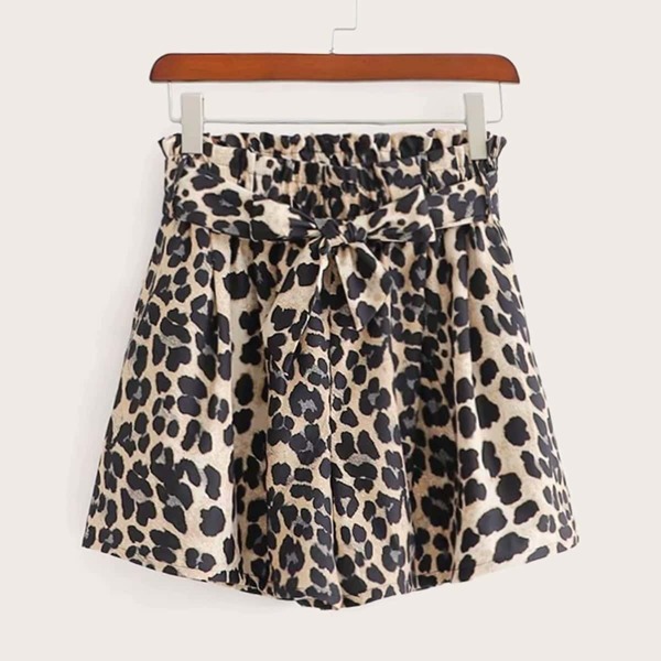 

Leopard Print Belted Paperbag Waist Shorts, Multicolor