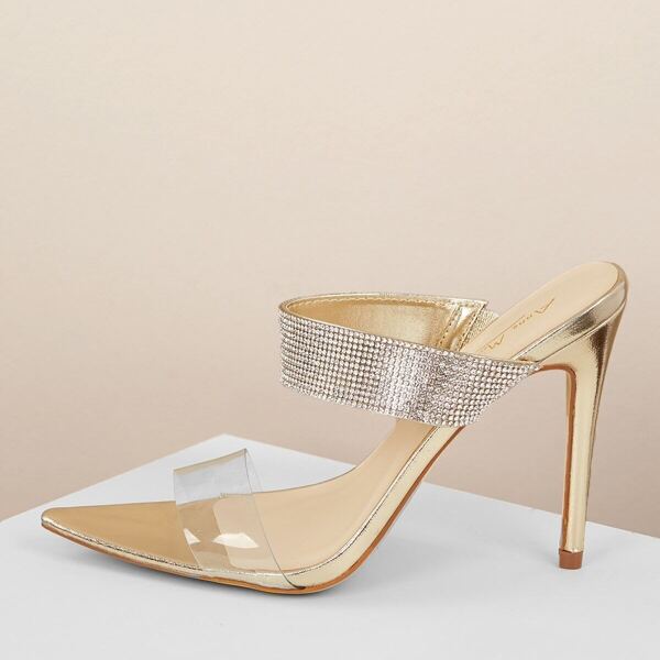 

PVC Band Rhinestone Crystal Detail Stiletto Heels, Gold