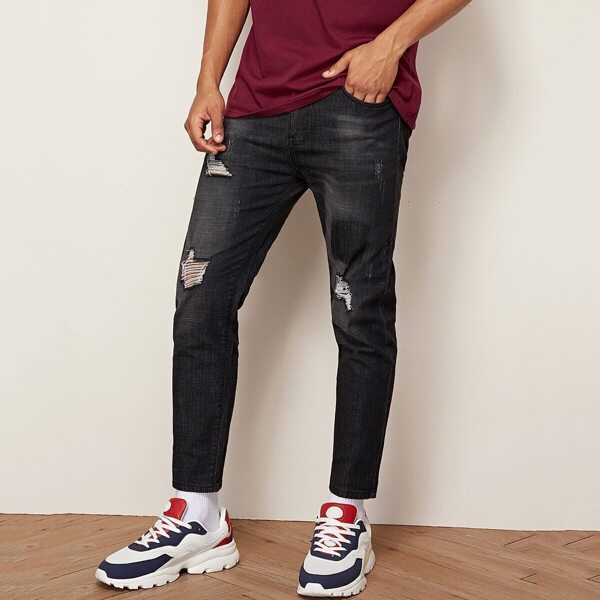 

Men Button Waist Ripped Washed Jeans