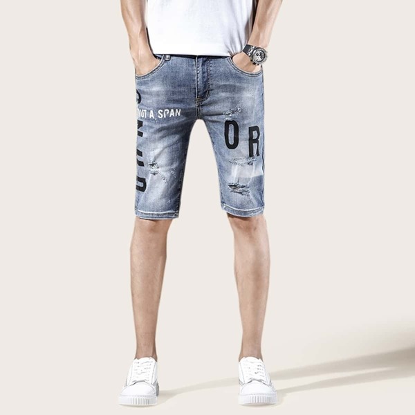 

Men Button Waist Letter Print Ripped Denim Shorts