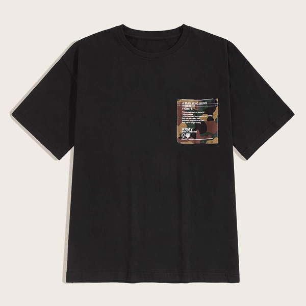 

Men Contrast Camo & Letter Print Pocket Tee