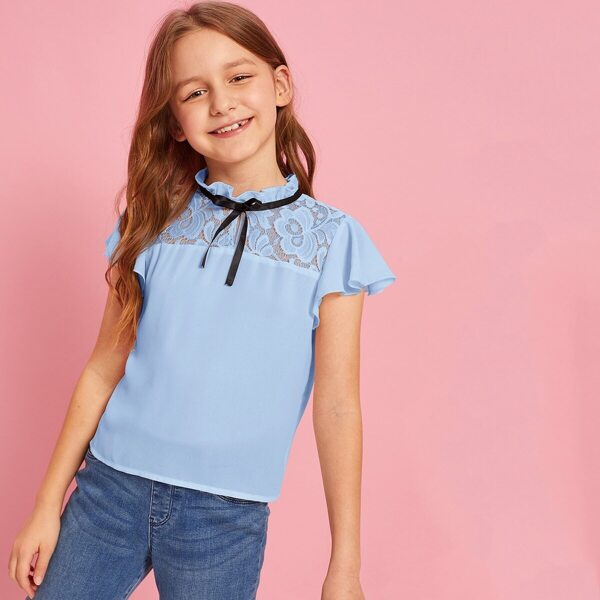 

Girls Tie Neck Ruffle Trim Lace Yoke Top