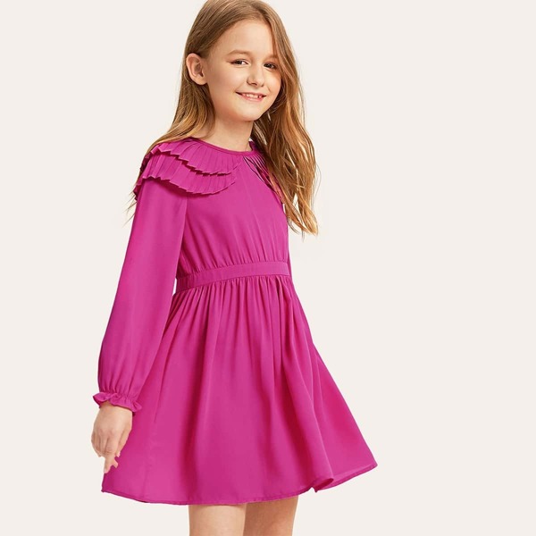 

Girls Neon Pink Pleated Ruffle Foldover Dress, Pink bright